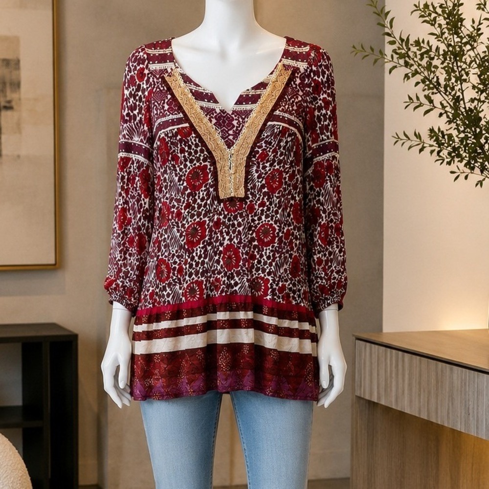 Free People Womens Tunic Top Boho Floral Lace Trim Burgundy Small